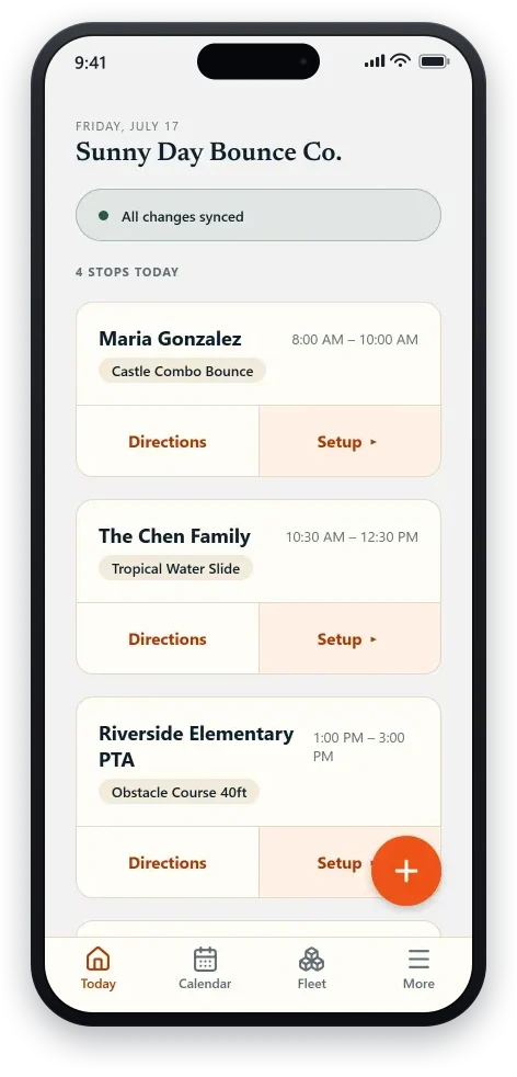 The Today screen on the operator’s phone: an “All changes synced” pill over the day’s four ordered stops, each with directions and its setup checklist.