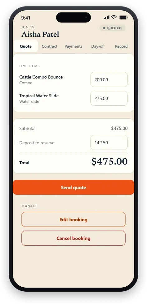 A quote on the operator’s phone: two rented units listed as line items with prices, a subtotal, a deposit to reserve the date, and the total — with one button to send the quote to the customer.