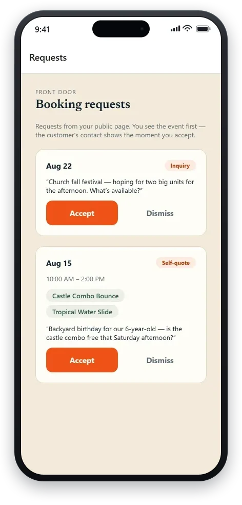 The operator’s requests inbox on their phone: booking requests from the public page, each showing the event date, requested units, and message — with the customer’s contact hidden until the operator accepts.