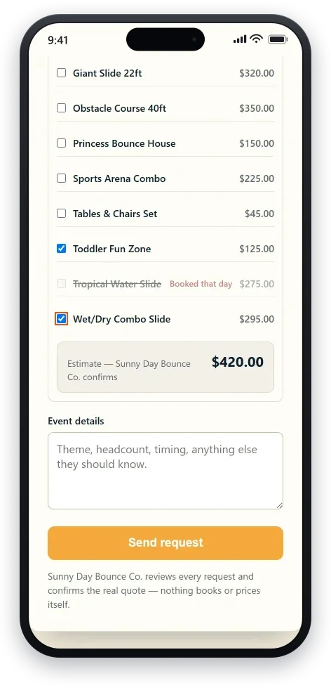A customer building a request on the operator’s public booking page: a date picked, two units selected, and a running estimate labeled an estimate the operator confirms — never a checkout.