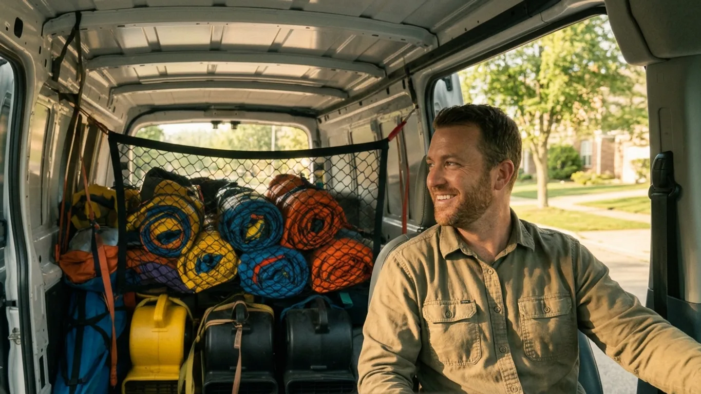 An operator smiles from the cab of a packed van — inflatable rolls and blowers netted in the back, a quiet residential street beyond.