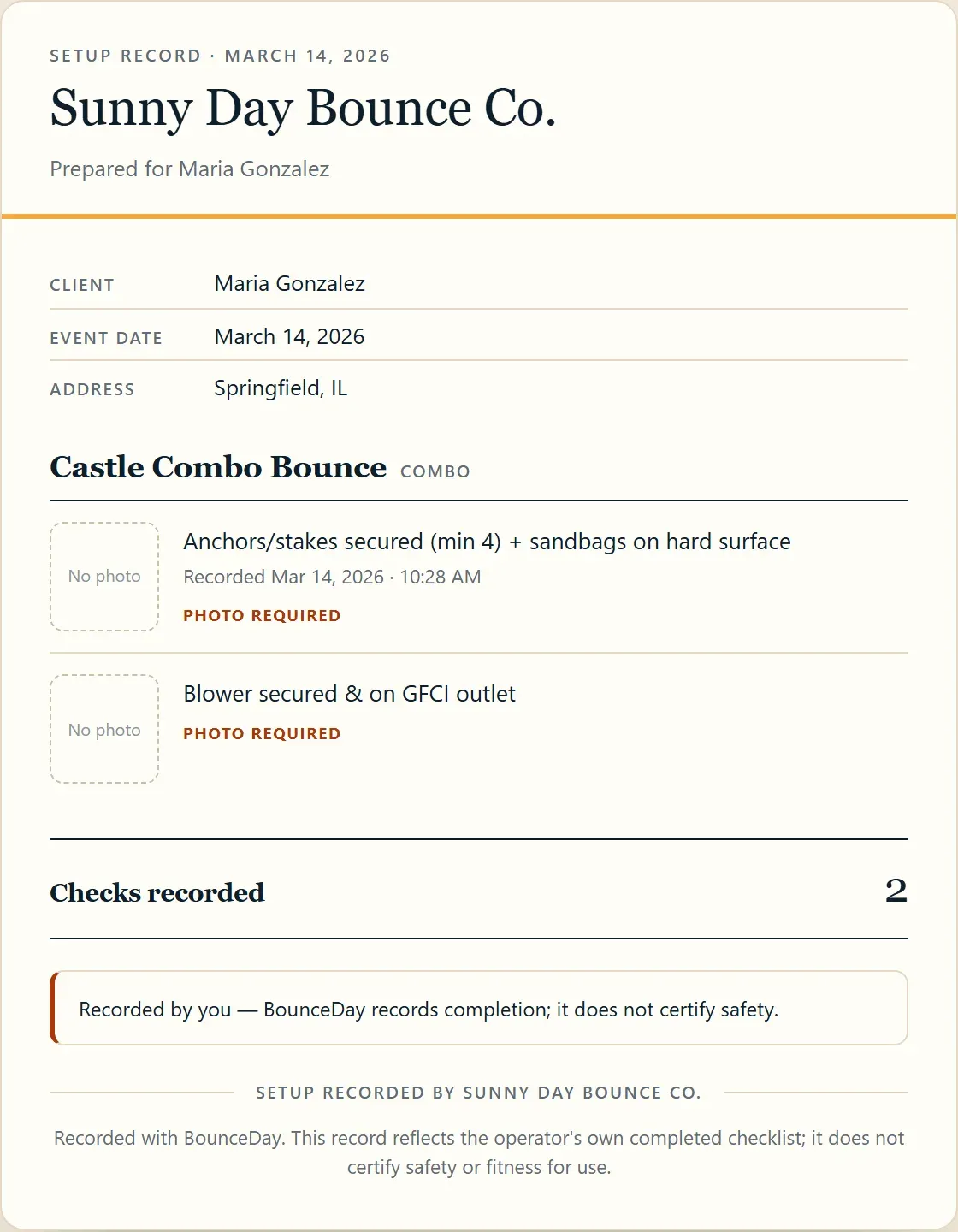 A composed setup record: the operator’s branded, insurer-ready register of a completed setup checklist — per-unit safety checks with recorded timestamps, and the line that it records completion, it does not certify safety.