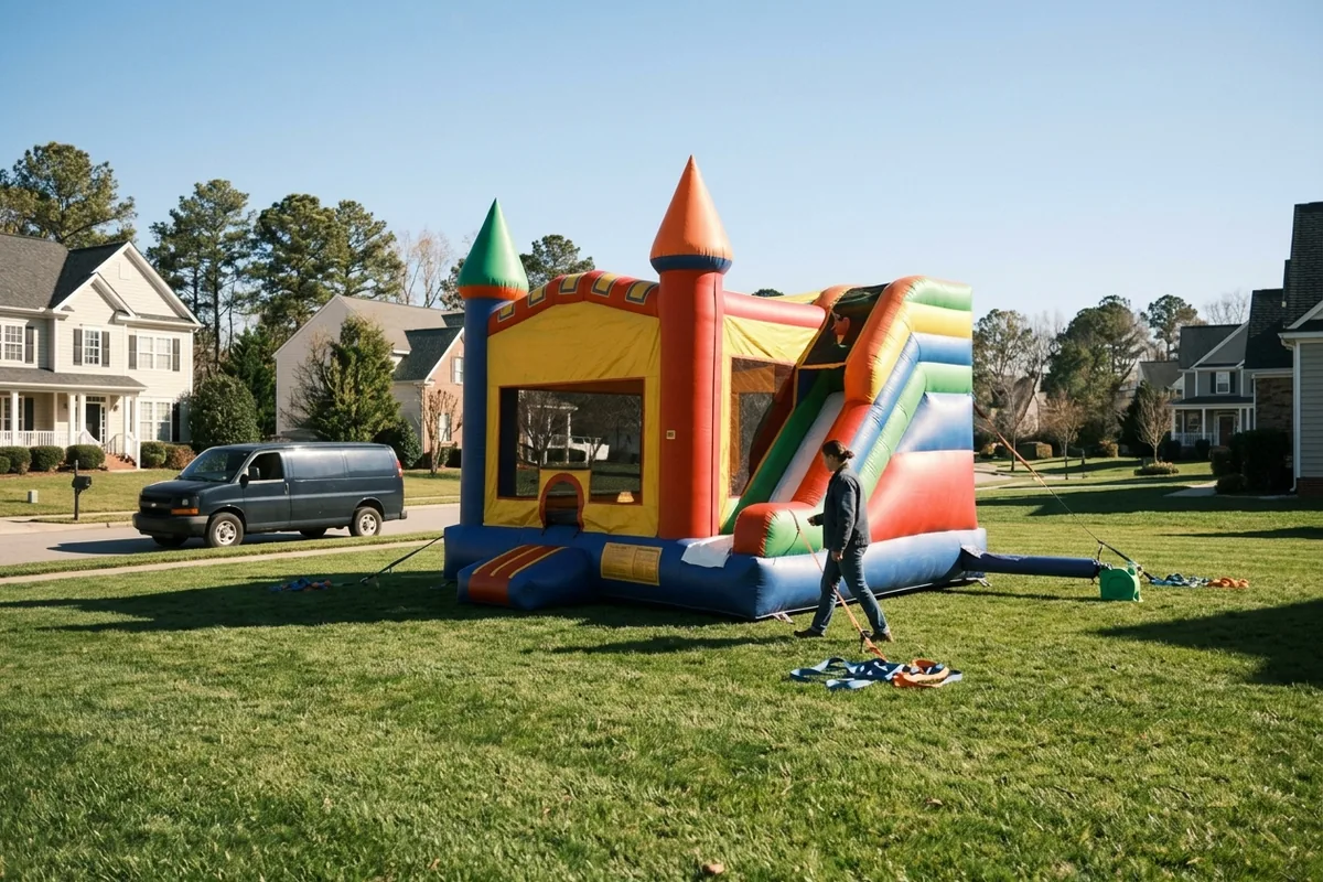 A fully inflated bounce house staked on a suburban front lawn, an operator walking the perimeter to finish the setup, the delivery van parked at the curb behind.